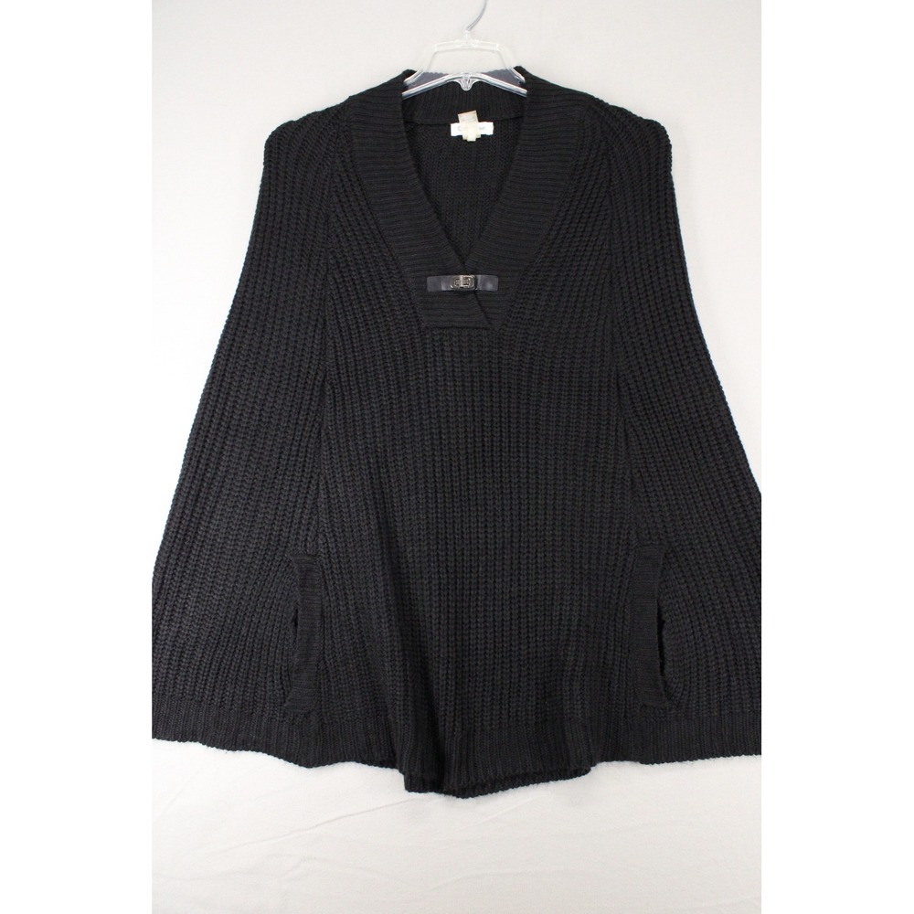 Calvin Klein Poncho Sweater Womens OS Black Ribbed Buckle Preppy Minimalist